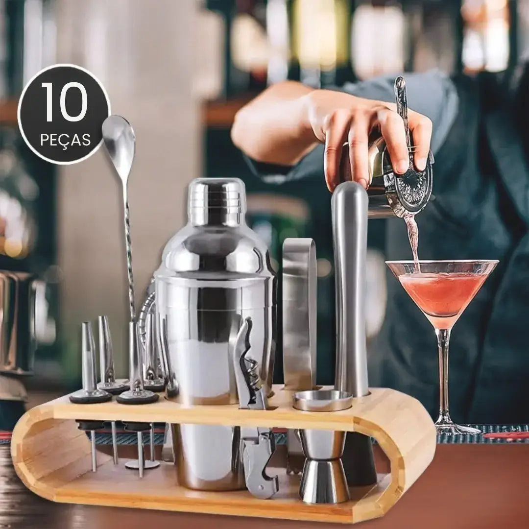Kit Barman Profissional 10 Peças em Inox com Suporte - Prepare Drinks com Estilo e Precisão