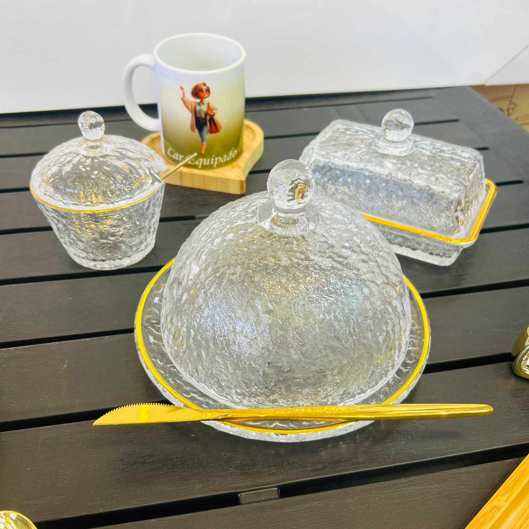 Conjunto de Queijeira + Manteigueira + Açucareiro - Mesa Posta Lar Equipado
