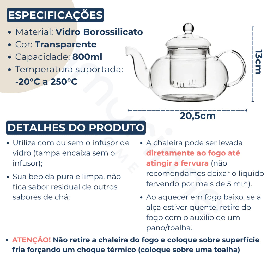 Chaleira de vidro borossilicato Realeza - Lar Equipado