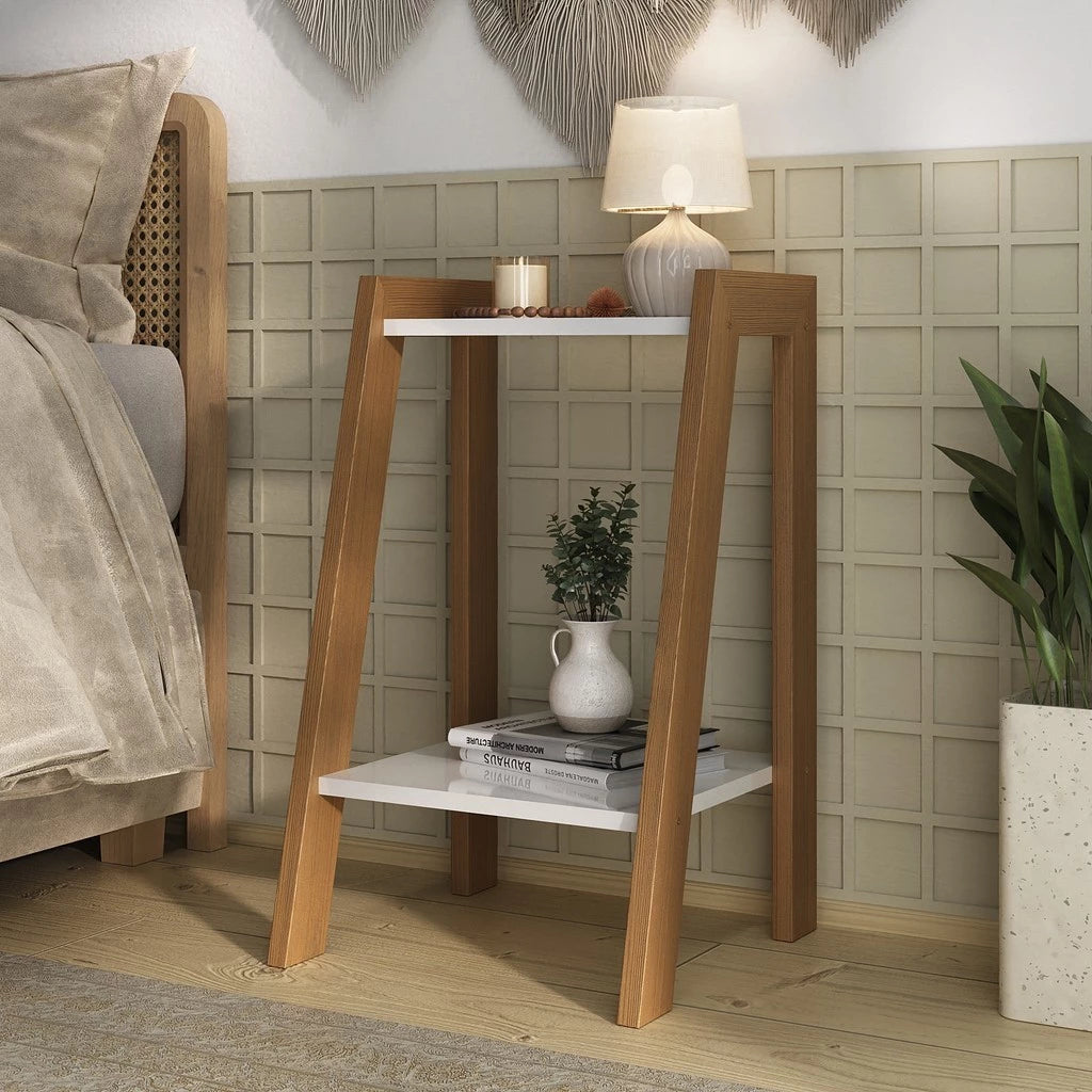 Mesa de Cabeceira – Branco com Pés de Madeira Maria Alice