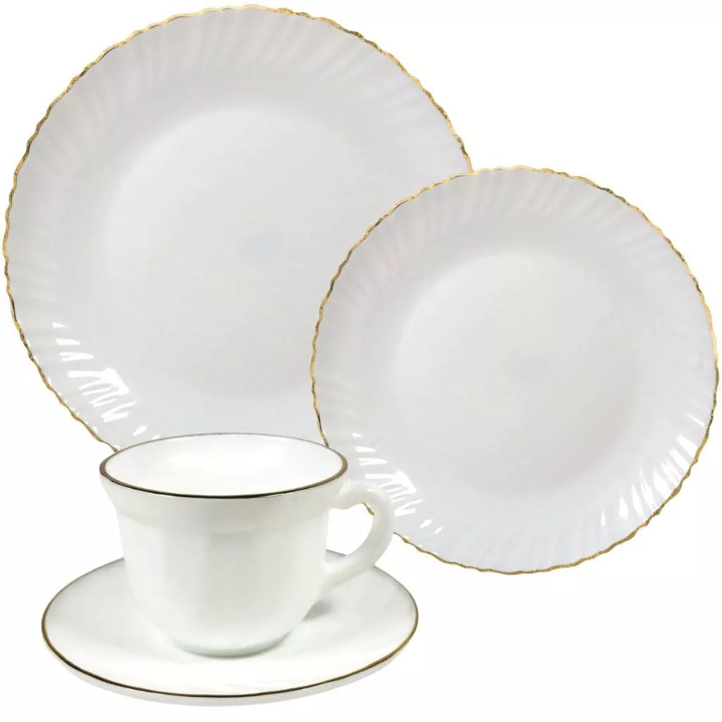 Coleção Encanto Dourado – Aparelho de Jantar e Chá em Vidro Opaline (16 Peças)
