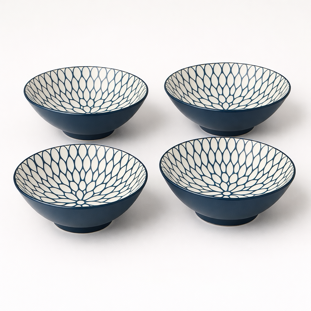 Jogo com 4 Bowls de Porcelana Decorativos – Estampa Geométrica Moderna | Mesa Posta Elegante | Lar Equipado