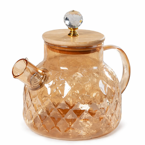 Bule de Vidro Âmbar 1L Texturizado com Tampa em Bambu e Pegador Cristal