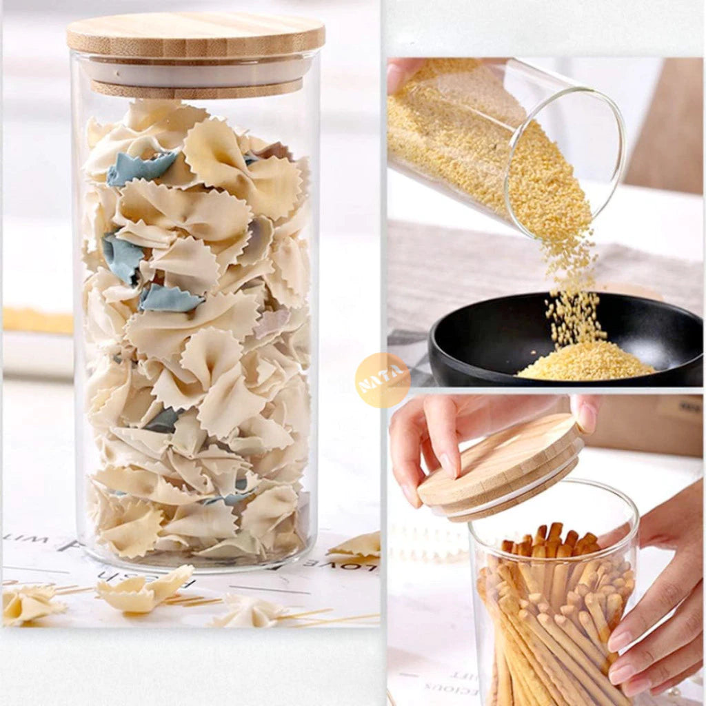 Kit com 5 Potes de Vidro com Tampa de Bambu – Organização Natural e Elegante para Sua Cozinha- Lar Equipado