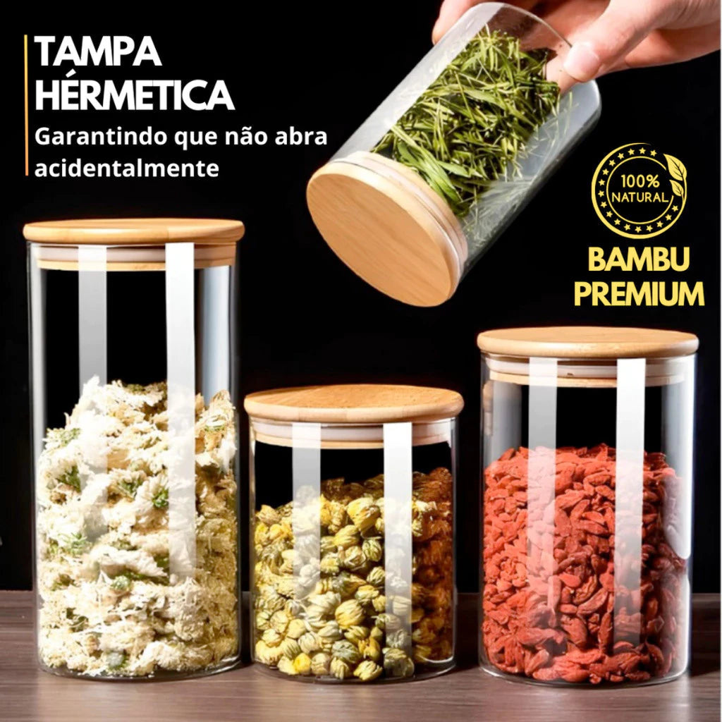 Kit com 5 Potes de Vidro com Tampa de Bambu – Organização Natural e Elegante para Sua Cozinha- Lar Equipado