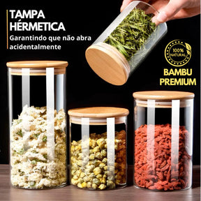 Kit com 5 Potes de Vidro com Tampa de Bambu – Organização Natural e Elegante para Sua Cozinha- Lar Equipado