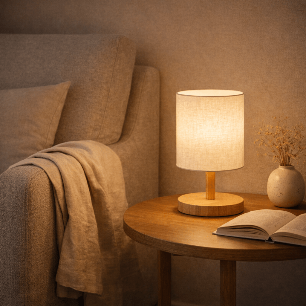 Abajur de Mesa LED com USB em Linho e Madeira