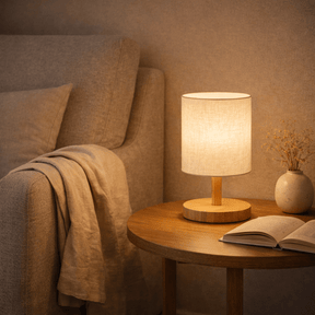 Abajur de Mesa LED com USB em Linho e Madeira