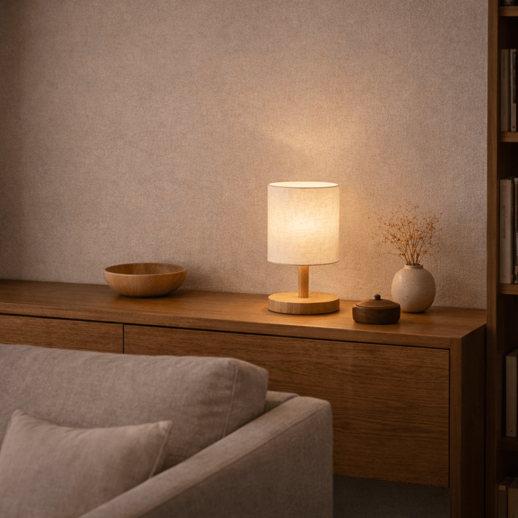 Abajur de Mesa LED com USB em Linho e Madeira