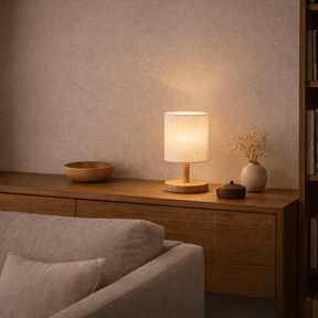 Abajur de Mesa LED com USB em Linho e Madeira