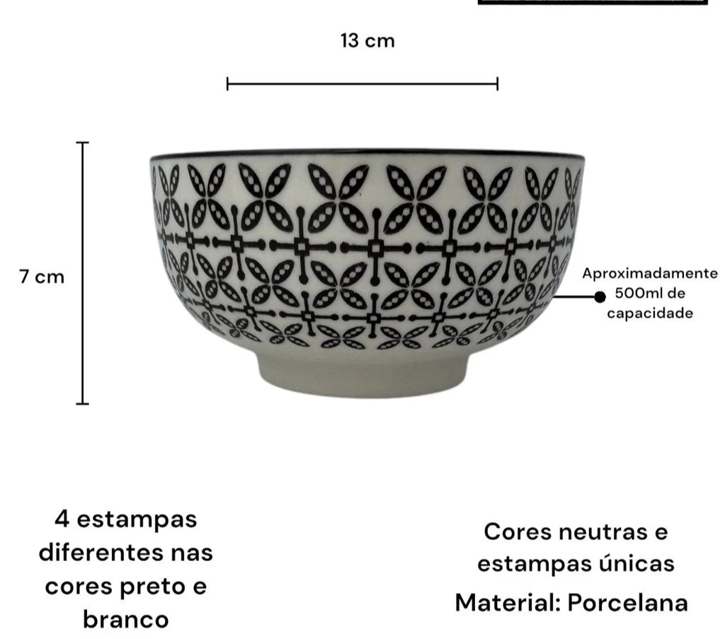 Jogo com 4 Bowls de Porcelana – Estampa Geométrica Moderna | Lar Equipado