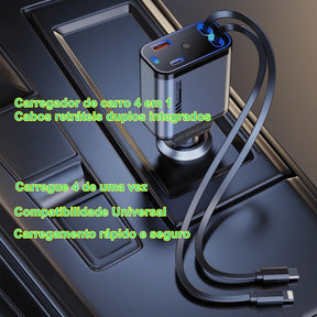 Carregador de carro retrátil com luz LED, carregador de carro rápido 4 em 1 de 120 W para iPhone e Android