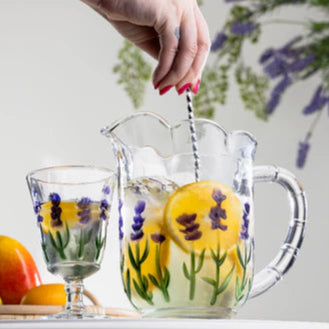 Conjunto com Jarra e 6 Taças  Lavanda em Cristal – Pintura Manual | Mesa Posta com Sofisticação