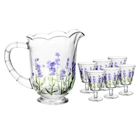 Conjunto com Jarra e 6 Taças  Lavanda/Coqueiro em Cristal – Pintura Manual | Mesa Posta com Sofisticação