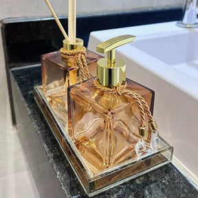 Kit Lavabo Premium: Bandeja + Saboneteira & Difusor em Vidro 250 ml – Charme Instantâneo