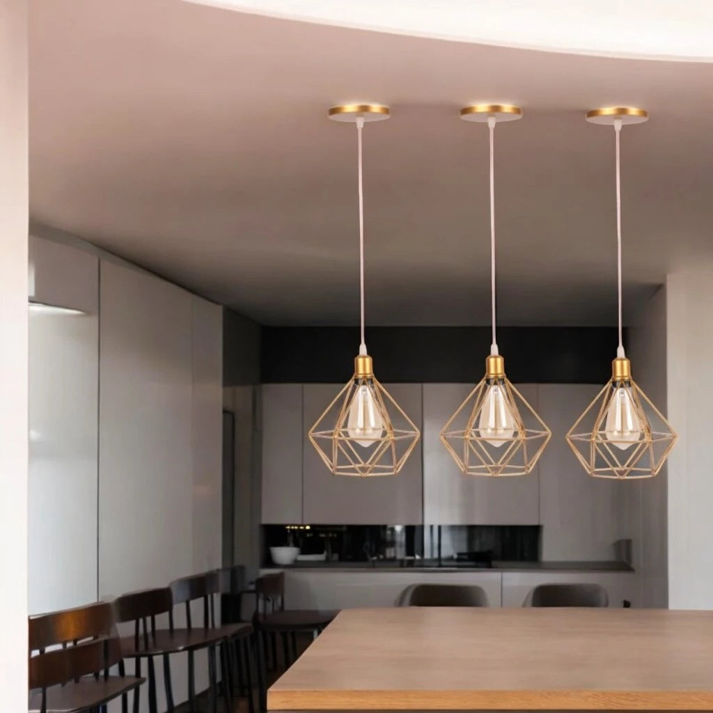 Luminária Pendente Aramado Diamante – Kit com 3 Unidades | Design Retrô Moderno