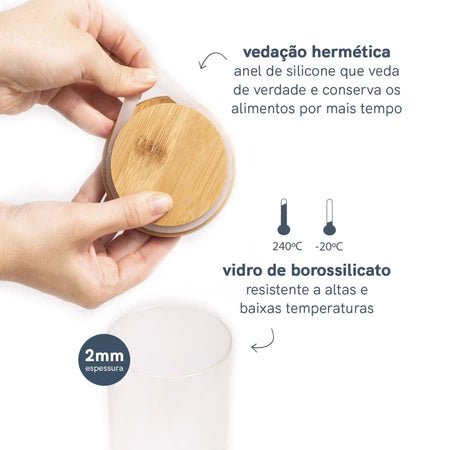Kit com 5 Potes de Vidro com Tampa de Bambu – Organização Natural e Elegante para Sua Cozinha- Lar Equipado
